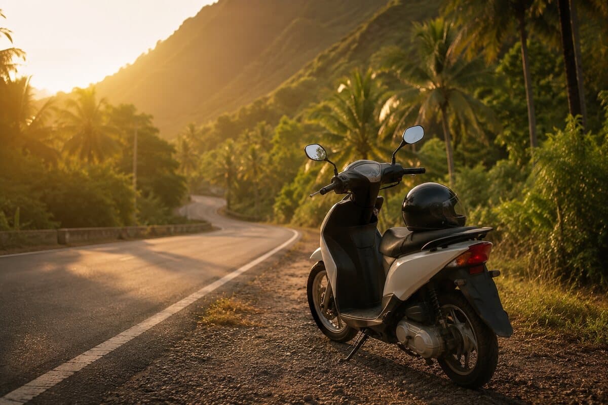 Scooter garé sur une route de Phuket — première cause d'accident chez les expatriés