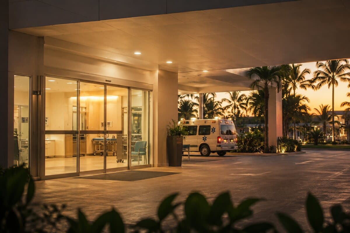 Entrée des urgences d'un hôpital privé à Phuket, où les ambulances conduisent en cas d'accident