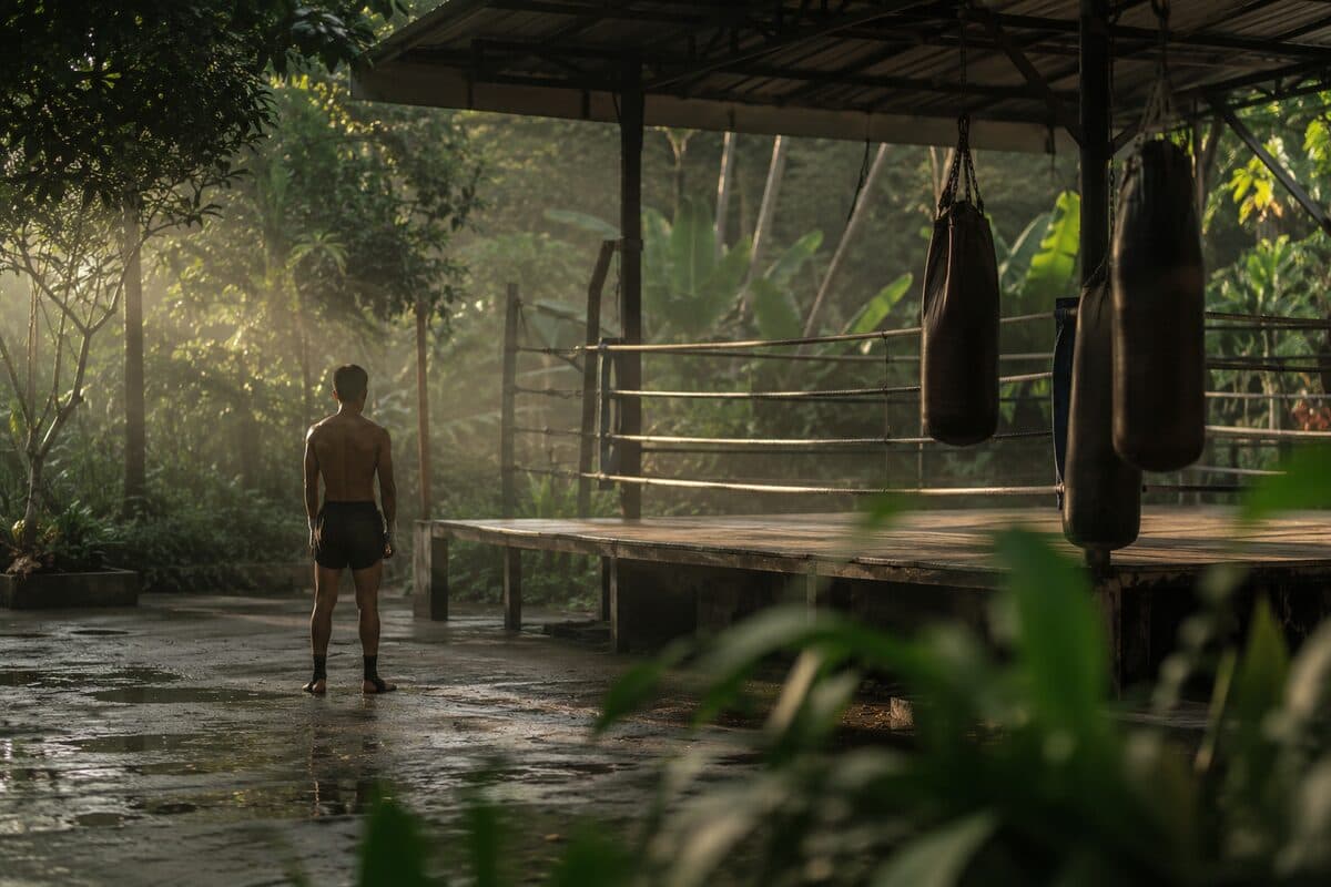 Camp de Muay Thaï au petit matin, ring vide et sacs de frappe immobiles