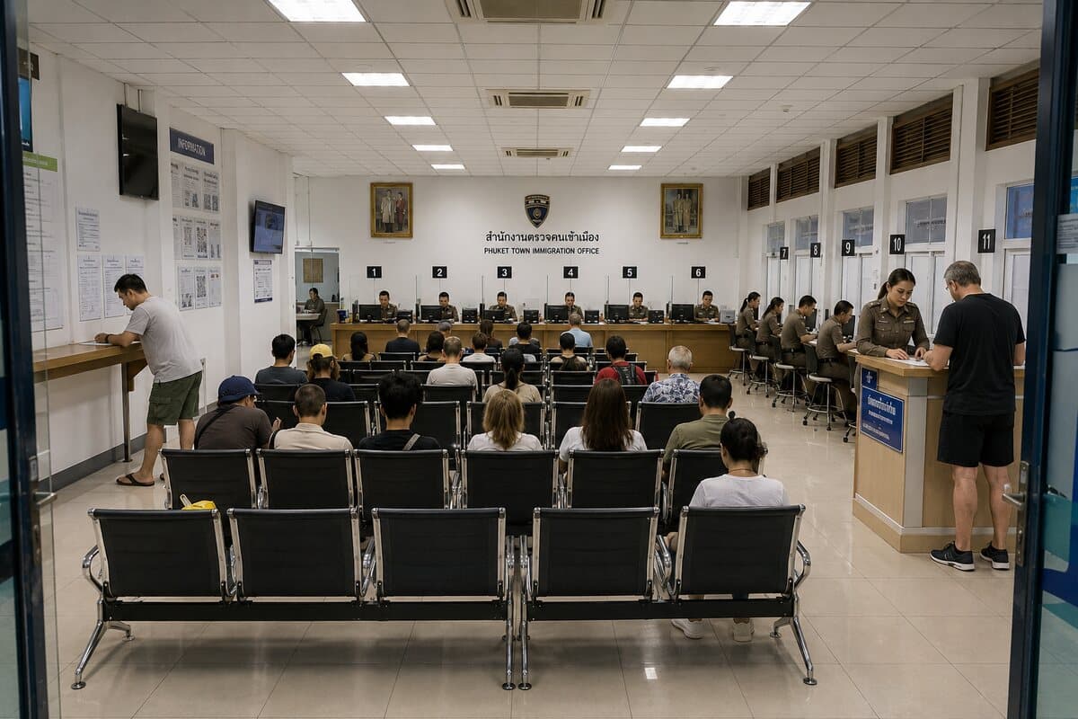 Salle d'attente d'un bureau d'immigration thaïlandais avec ses guichets et ses chaises alignées