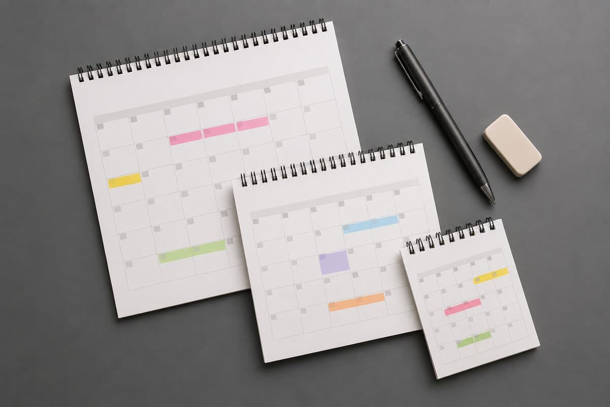 Trois calendriers représentant les trois durées distinctes du Visa DTV : 180 jours, 90 jours et 5 ans
