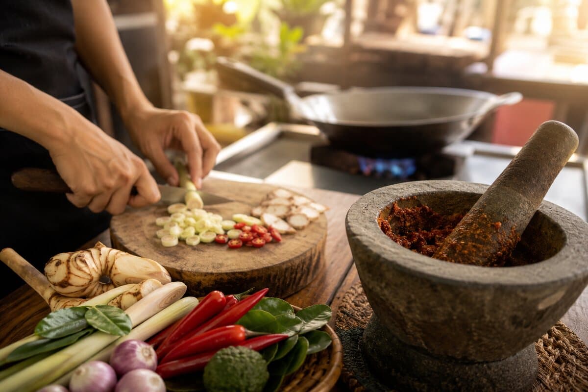 Poste de travail dans une école de cuisine thaïlandaise certifiée — pâte de curry, wok et ingrédients frais