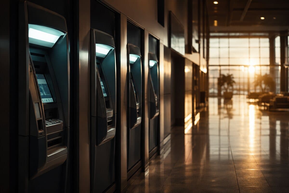 Rangée de distributeurs automatiques dans le hall d'arrivée d'un aéroport thaïlandais, situés après le contrôle d'immigration