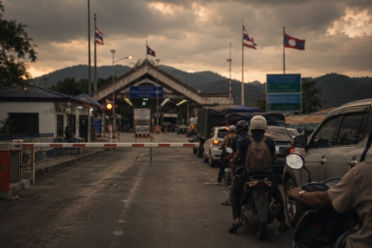 Poste frontière terrestre entre la Thaïlande et le Laos, où les tampons réduits à 30 jours se multiplient