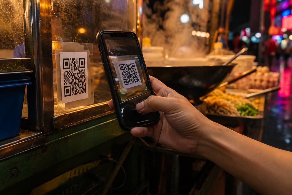 Paiement par QR code PromptPay dans une échoppe de rue en Thaïlande avec une carte Wise